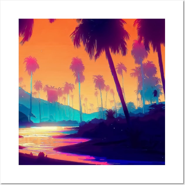 Retro vaporwave Palm beach with the ocean and sunset landscape Wall Art by TomFrontierArt